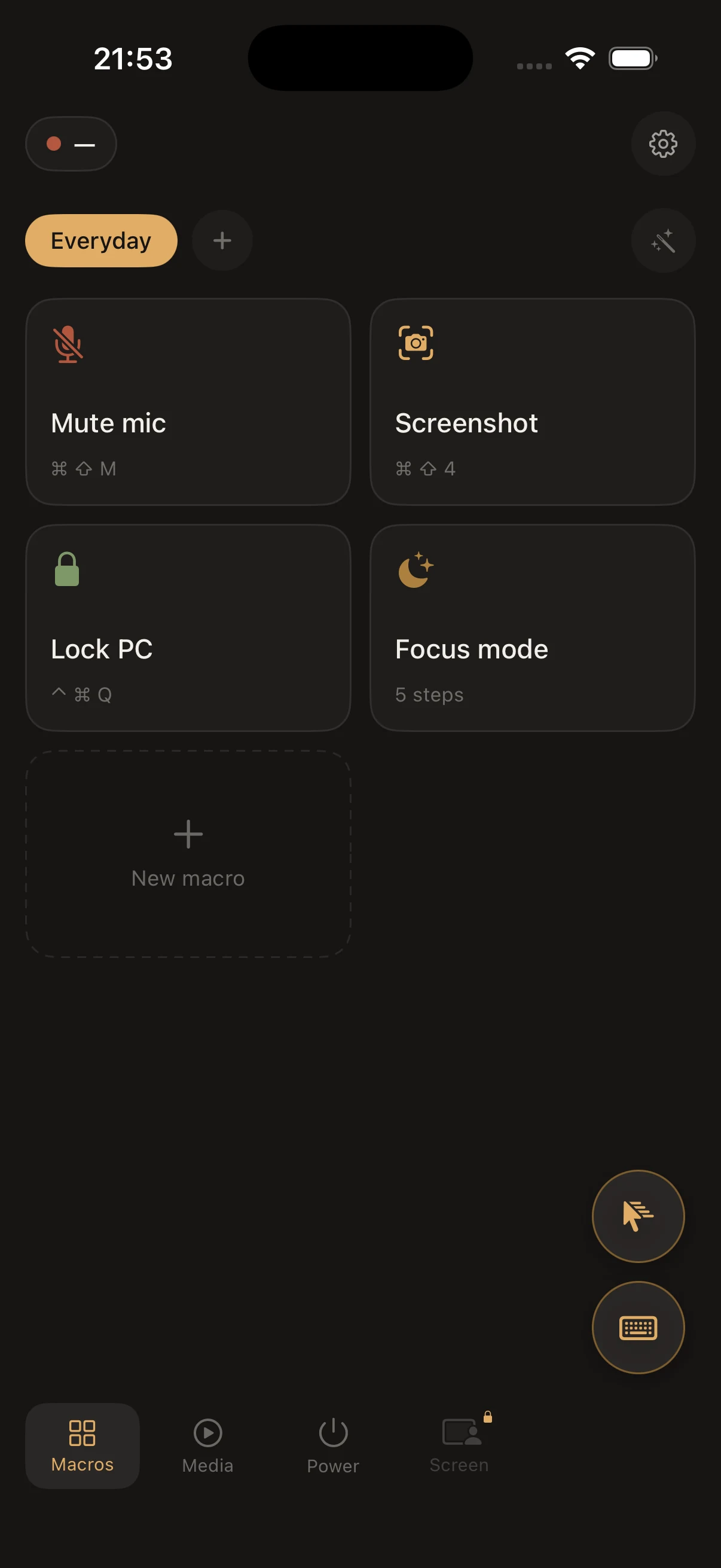 The AirMouse macro pad on an iPhone: a profile named Everyday, and tiles for muting the microphone, taking a screenshot, locking the computer and a five-step focus routine.