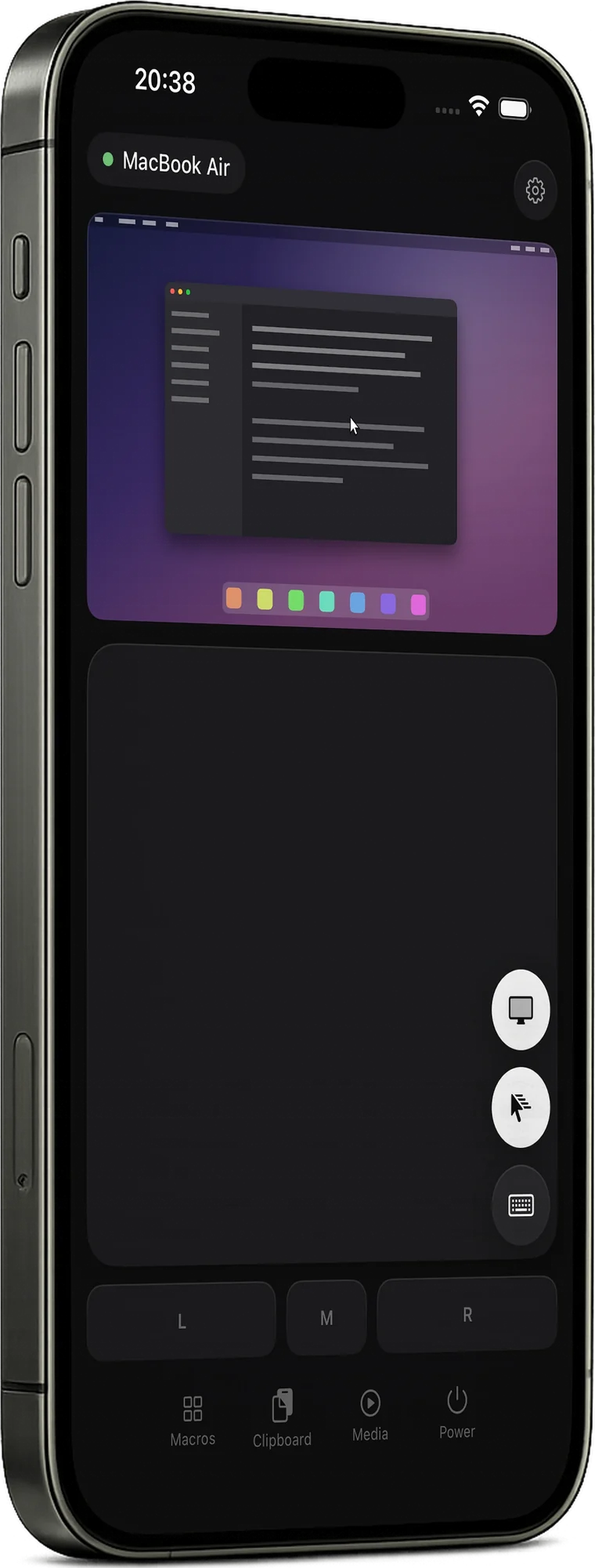 An iPhone showing the AirMouse trackpad: the computer's screen live at the top, the pad below it, and left, middle and right buttons under that.