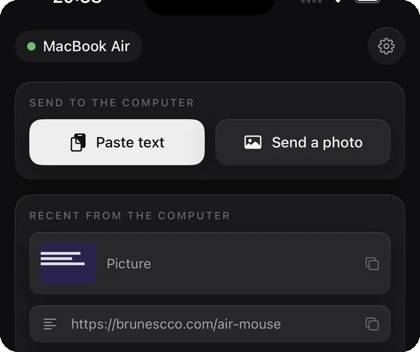 The AirMouse clipboard panel, with two send buttons and a list of recent copies from the computer.