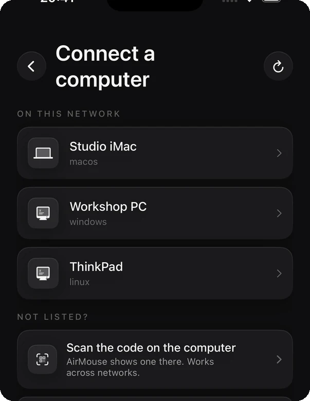 The AirMouse connect screen, listing computers found on the network.