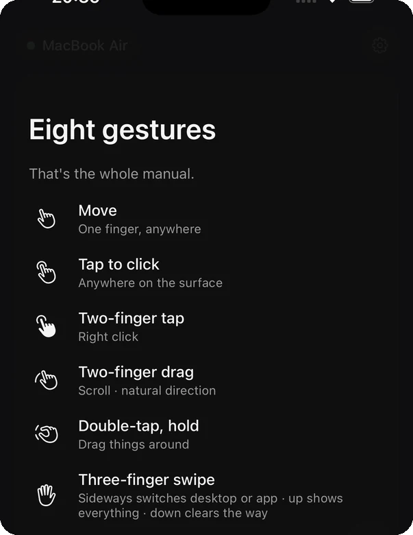 The gesture reference card in AirMouse, listing all eight gestures with one line each.