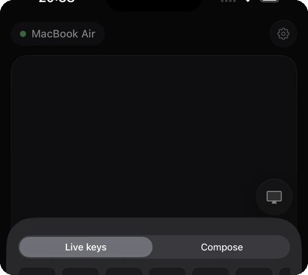 The AirMouse keyboard overlay, showing modifier keys and function keys above the iPhone keyboard.