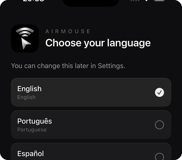 The AirMouse language picker, offering English, Portuguese and Spanish.