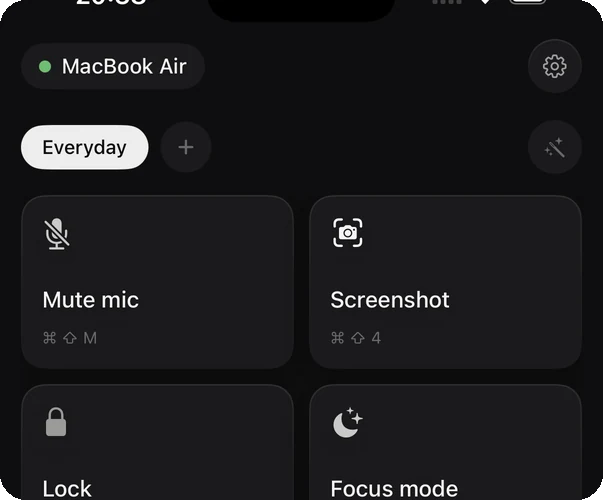 The AirMouse macro pad, a grid of tiles including Mute mic, Screenshot, Lock and Focus mode.