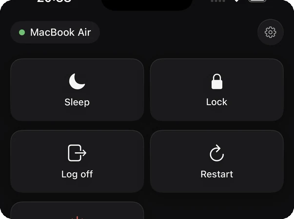 The AirMouse power panel, with sleep, lock, log off, restart and shut down.