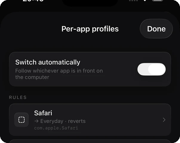 AirMouse per-app profiles, binding an application on the computer to a macro profile.