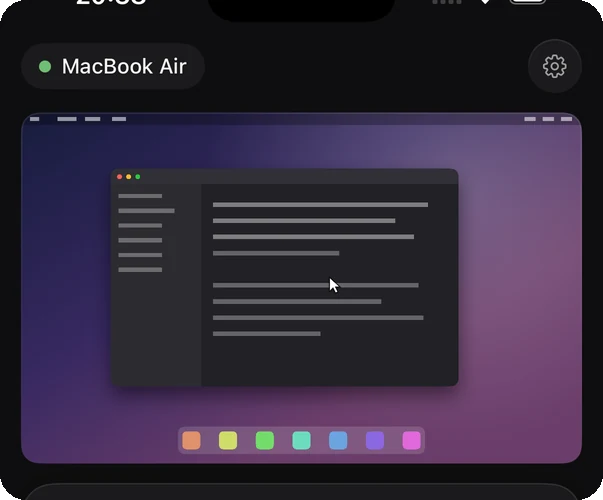 An iPhone showing the AirMouse trackpad with the computer's desktop streamed live above it.
