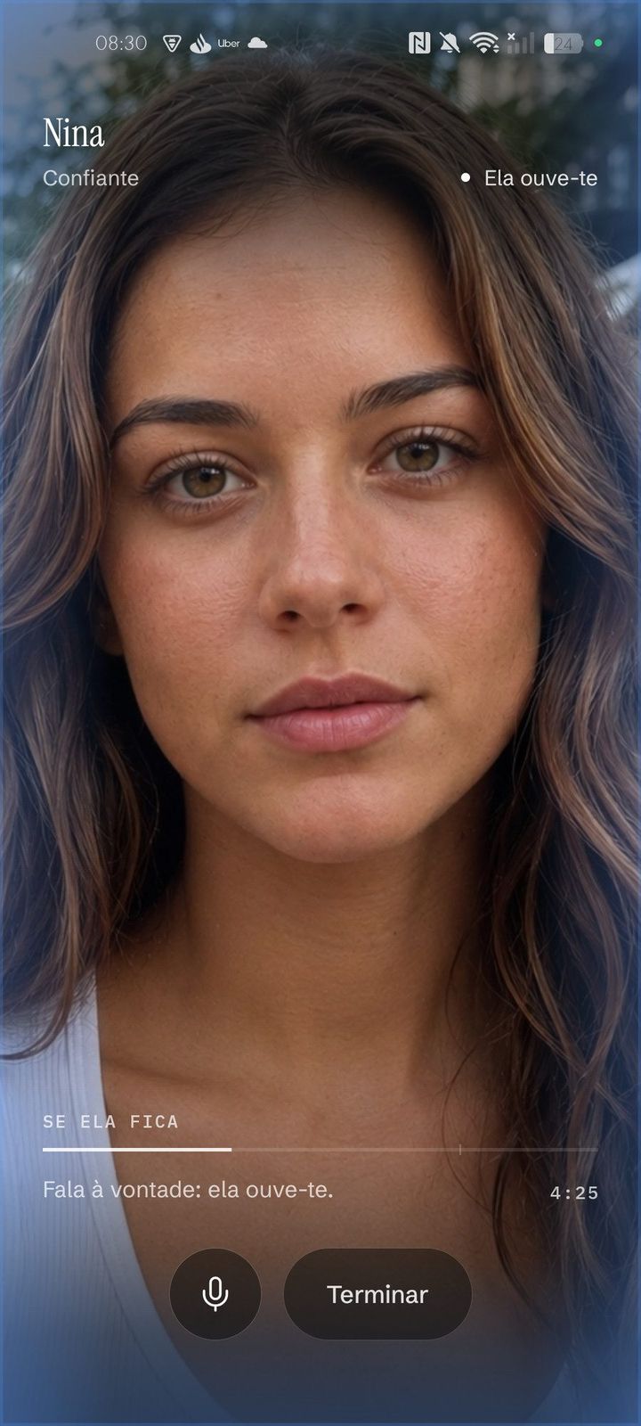A live Her Next Move session: Nina — confident — listens while 4:25 remains on the clock.