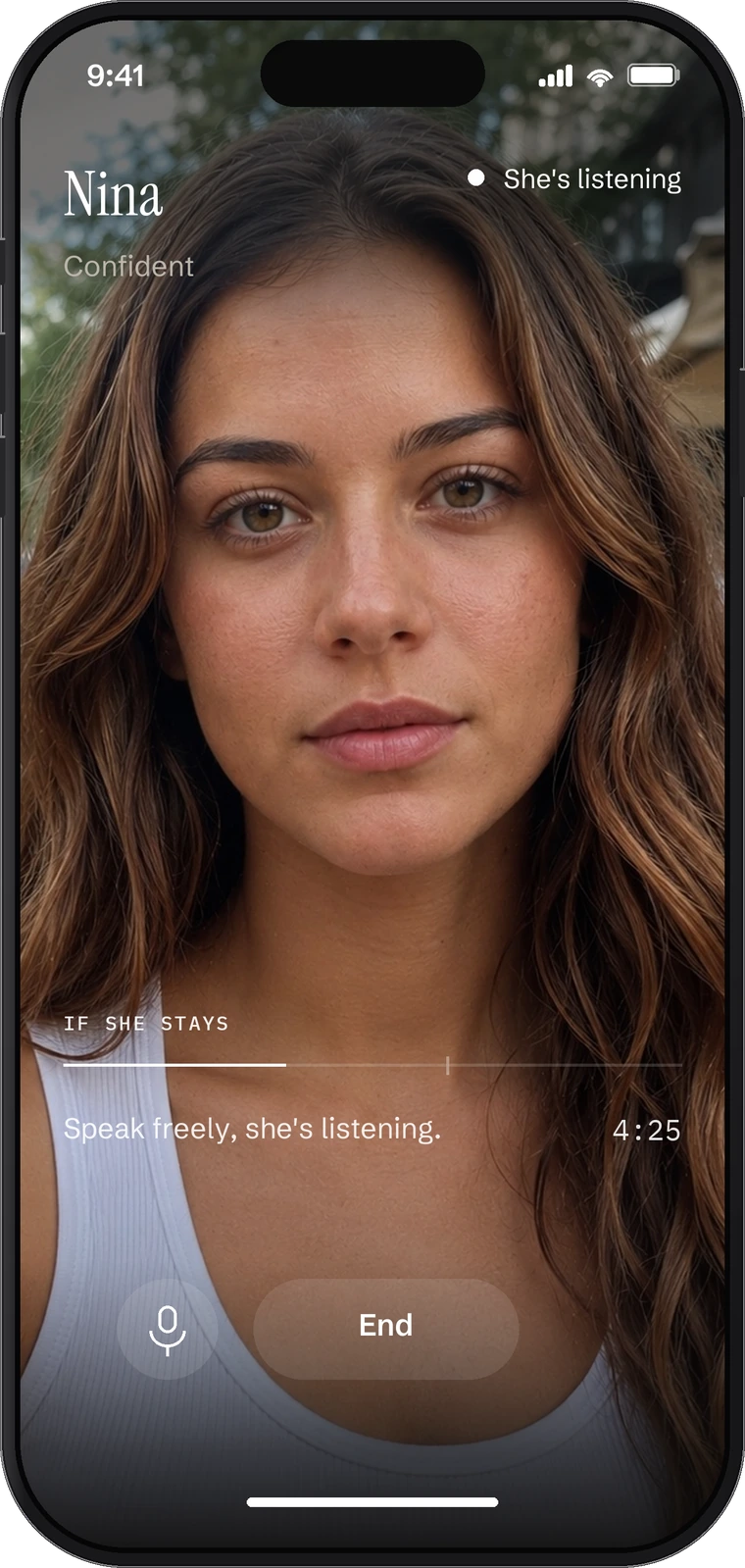 The Her Next Move call screen on an iPhone: Nina, confident, is listening, the interest line sits under a third of the way along, and 4:25 remains on the clock.