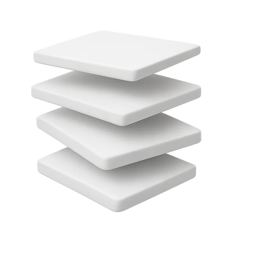 Four white slabs floating one above the other, each straighter than the one below it.